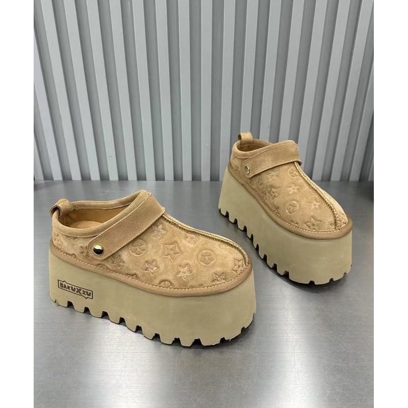 Chic Light Camel Suede Embossed Splicing Platform Slide Sandals