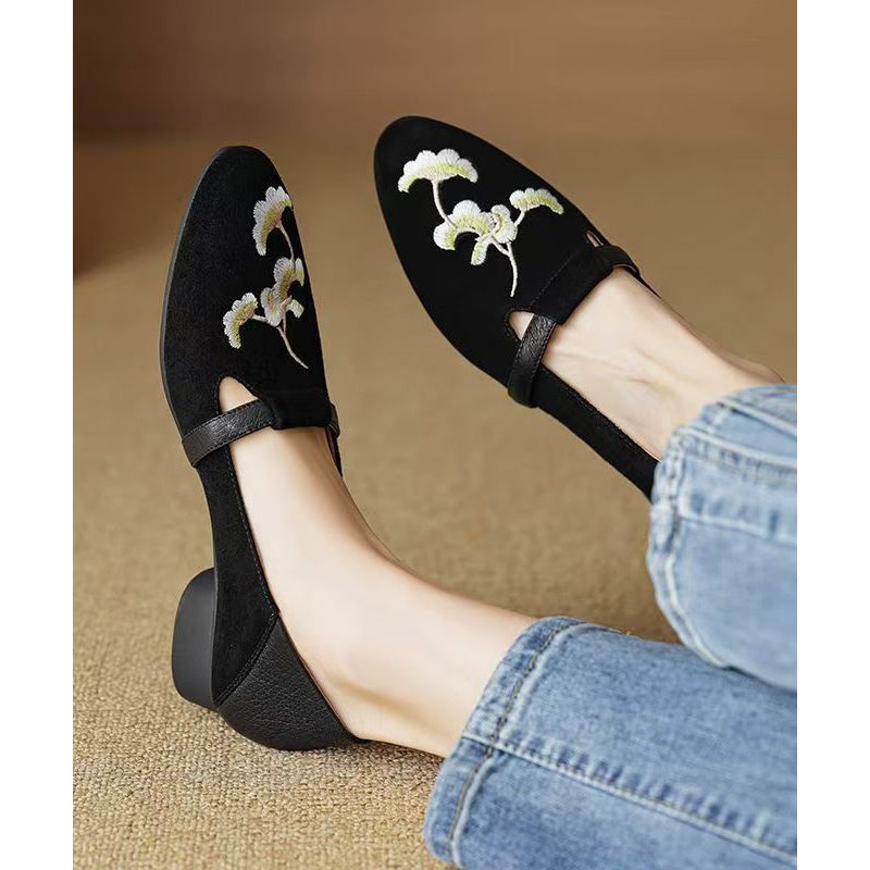 Chinese Style Black Suede Embroidered Chunky Loafer Shoes