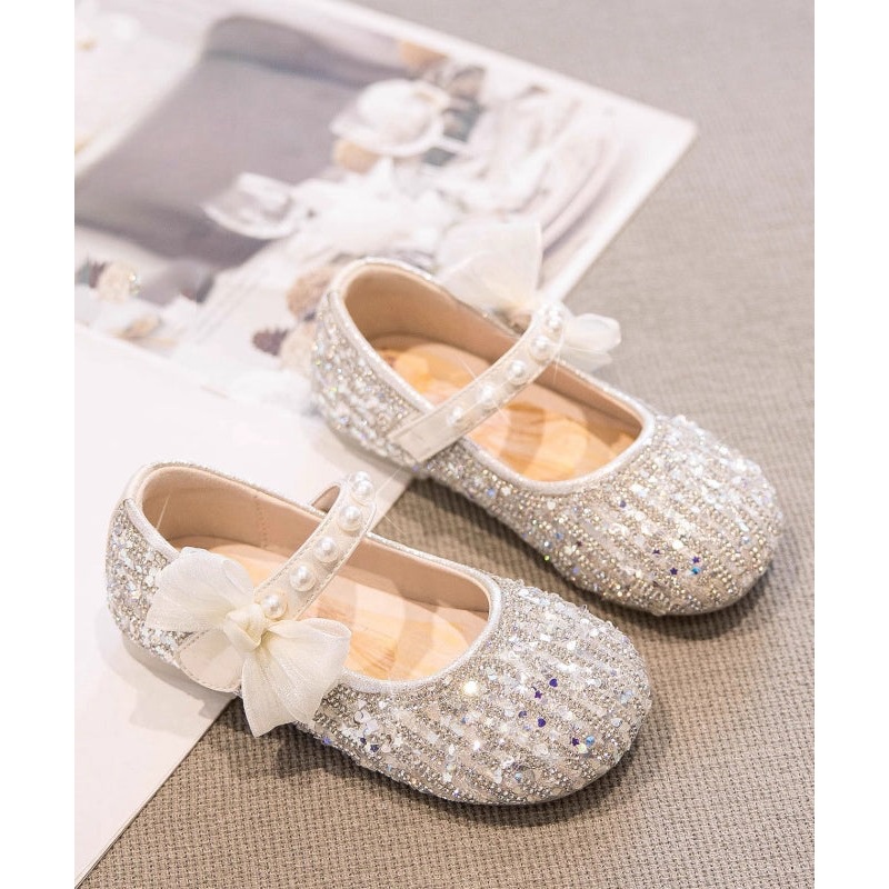 Classy Beige Pearl Bow Buckle Strap Flat Shoes For Girls