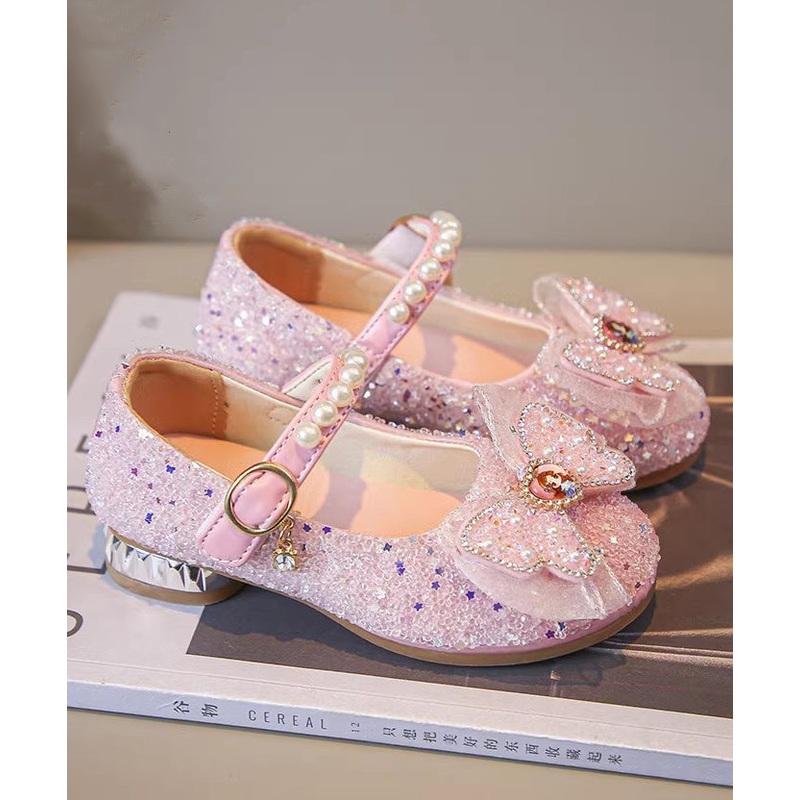 Cute Pink Bow Zircon Nail Bead Buckle Strap Kids Girls Princess Shoes