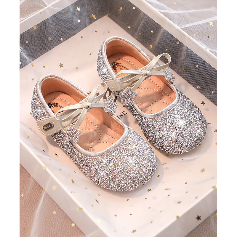 Elegant Beige Crystal Bow Girls Buckle Strap Flats