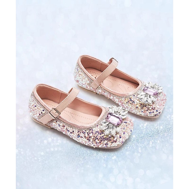 Fashion Pink Crystal Buckle Strap Girls Flat Shoes