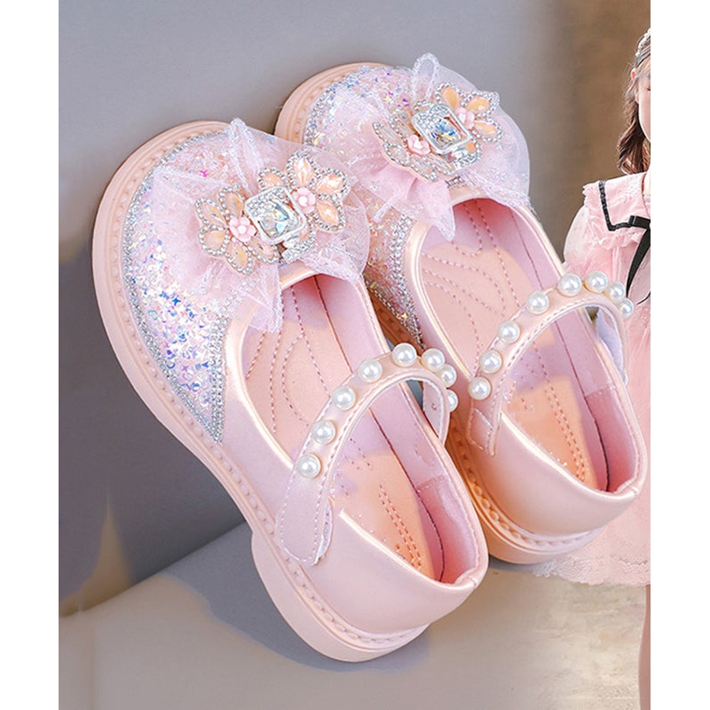 Fine Pink Buckle Strap Crystal Pearl Zircon Girls Flat Shoes