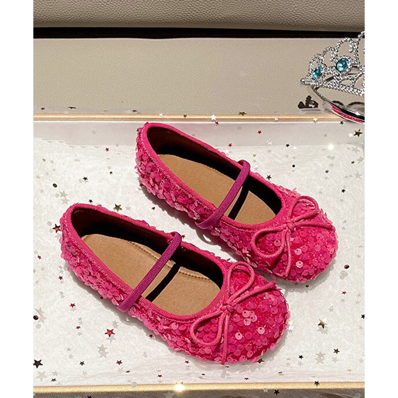 Fitted Red Sequins Kids Flat Shoes Lace Up