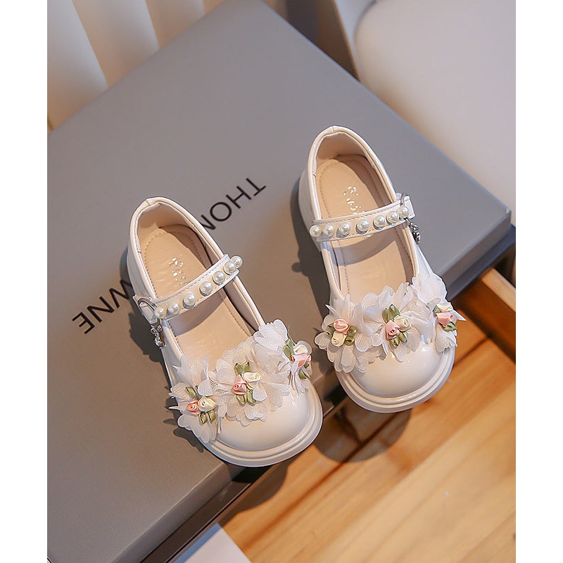 Floral Splicing Beige Kids Girls Princess Flat Shoes Buckle Strap