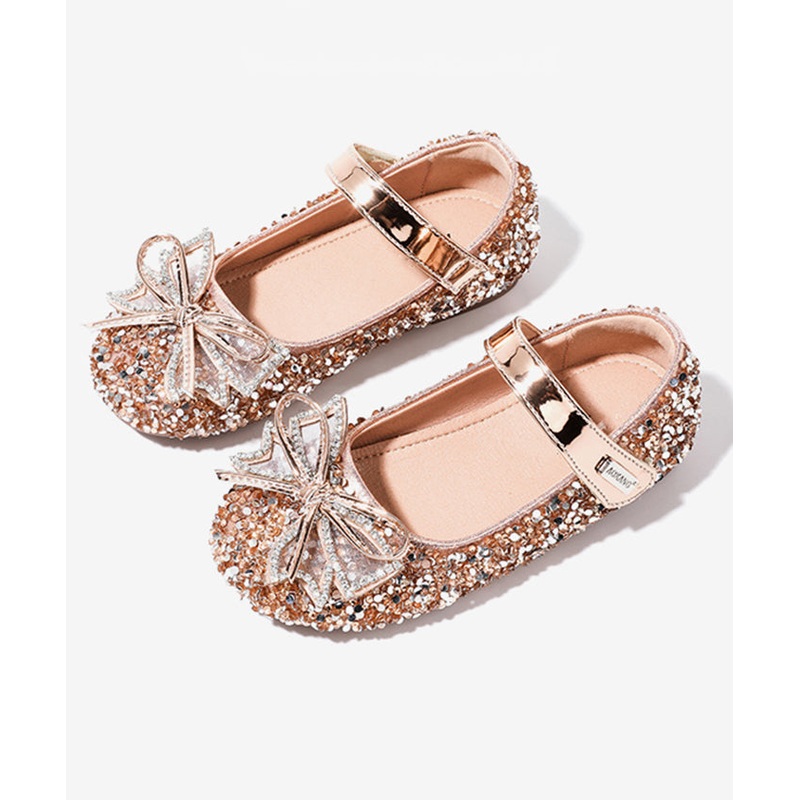 Handmade Champagne Bow Zircon Girls Buckle Strap Flat Shoes