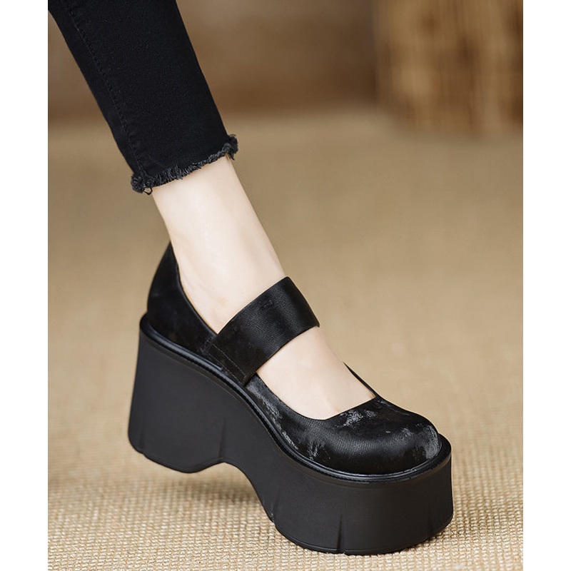 Handmade Vintage Buckle Strap Splicing Wedge High Heels Black Silk