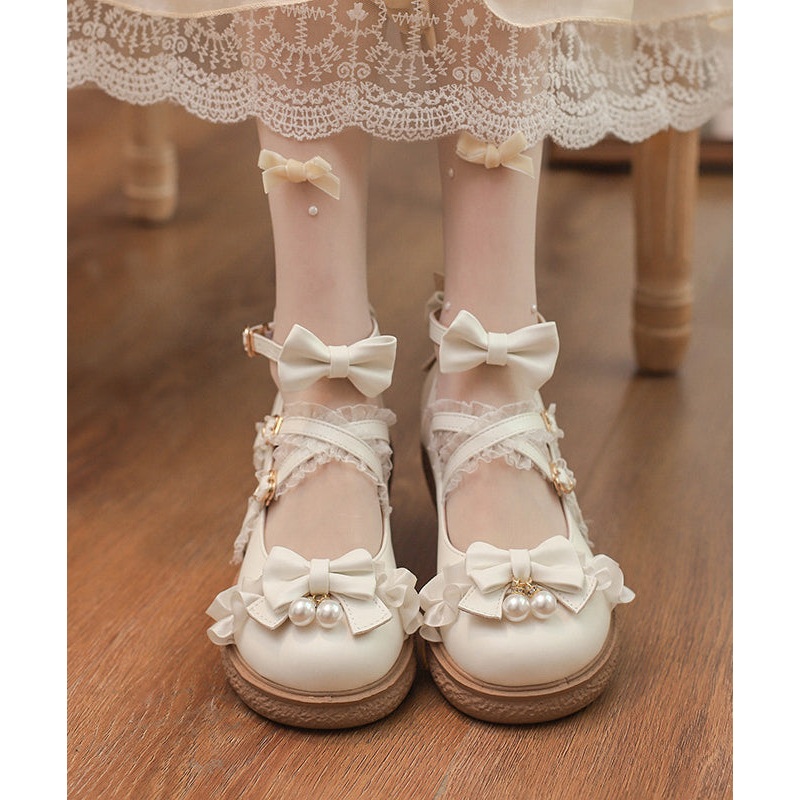 Original Japanese White Bow Cross Strap Princess Loli Shoes