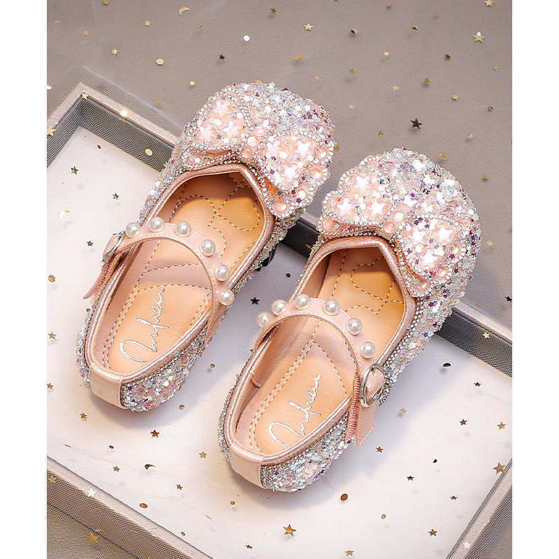 Pink Buckle Strap Flat Shoes Bow Zircon For Kids Girls