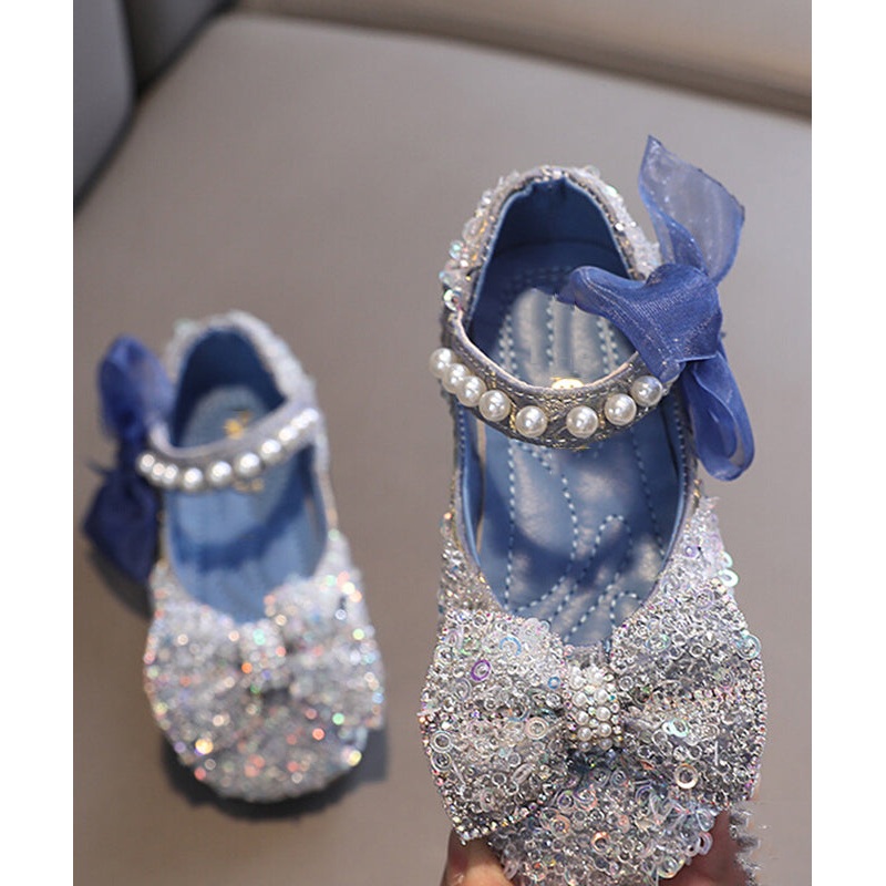 Stylish Blue Pearl Bow Buckle Strap Flat Shoes For Kids