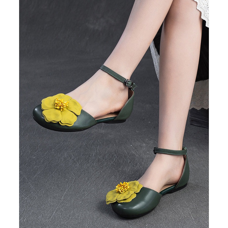 Women Floral Splicing Walking Sandals Green Cowhide Leather