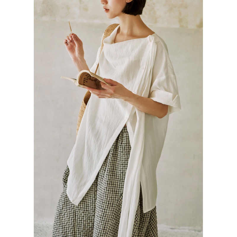 2025 New White Asymmetrical Design Cotton Shirts Summer