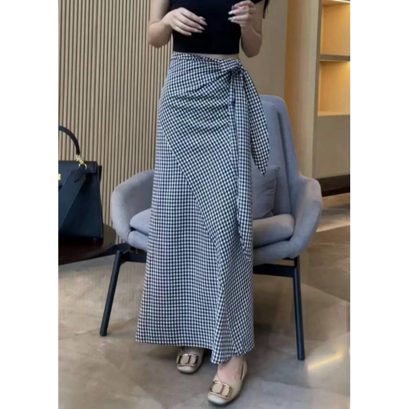 Art Plaid Lace Up High Waist Cotton Skirts Summer