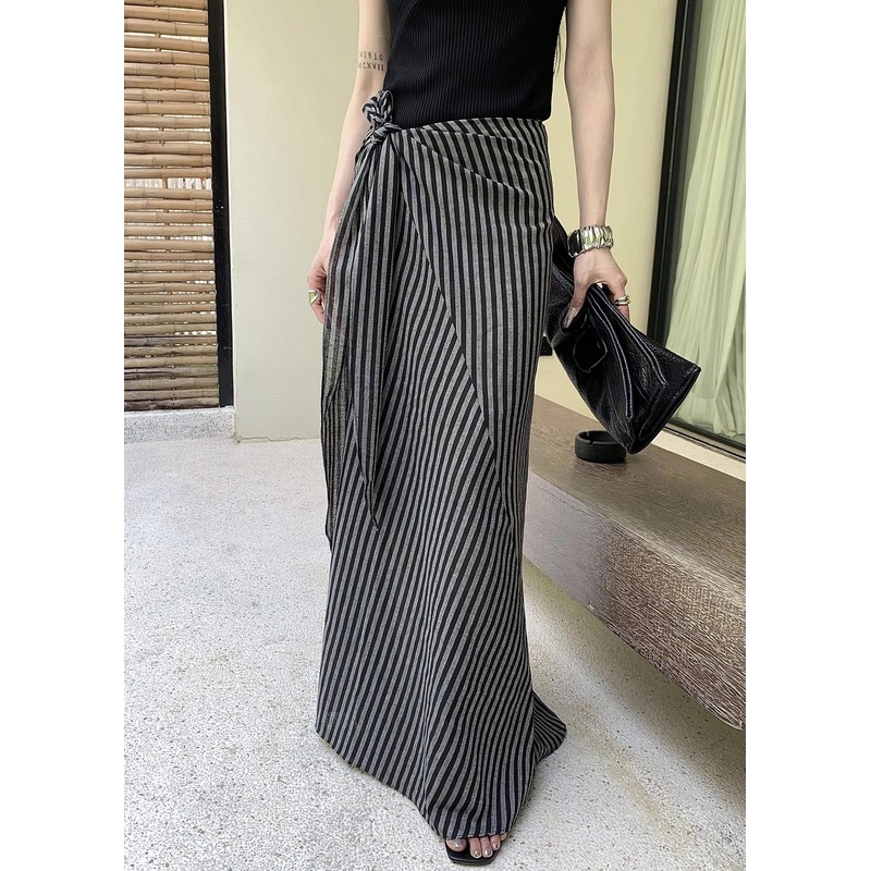 Art Striped Lace Up High Waist Cotton Skirt Summer