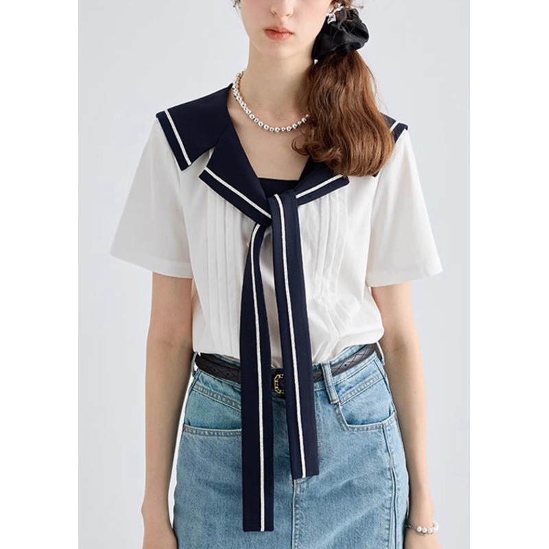Art White Sailor Collar Lace Up Cotton Blouse Summer