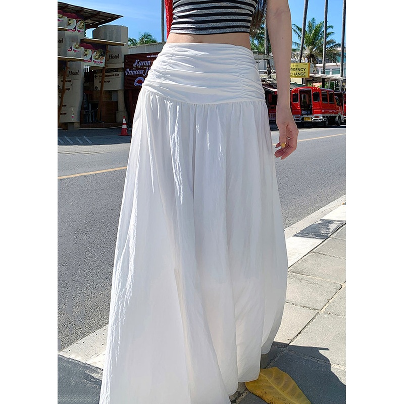Art White Wrinkled Solid Cotton Skirts Summer
