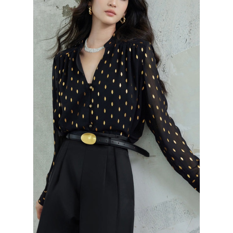 Black Button Print Chiffon Fall Blouse Stand Collar