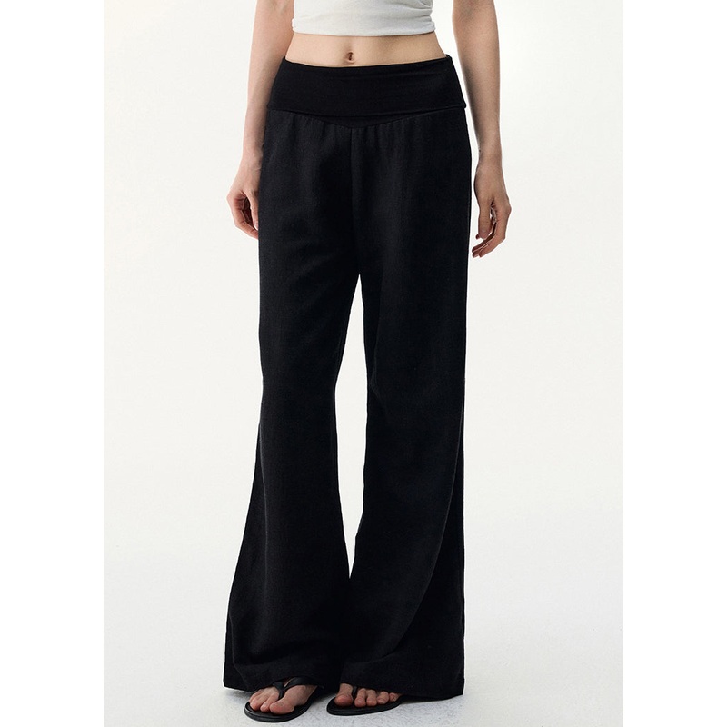 Black Cozy Linen Wide Leg Pants Elastic Waist