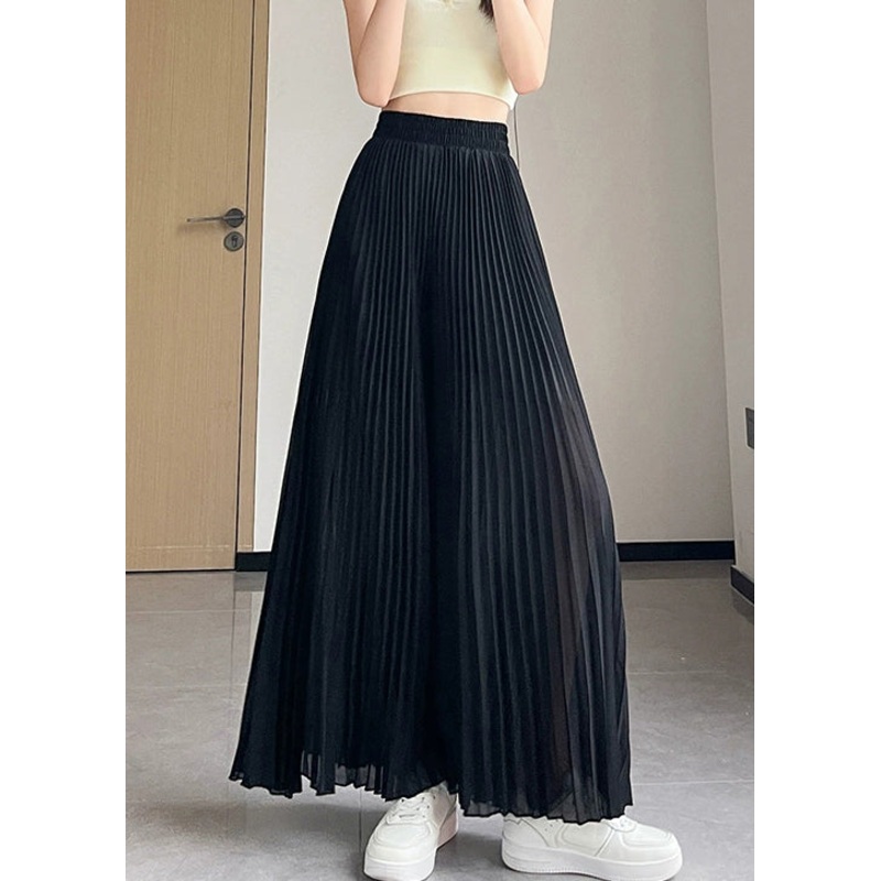 Black Solid Chiffon Summer Wide Leg Pants Elastic Waist