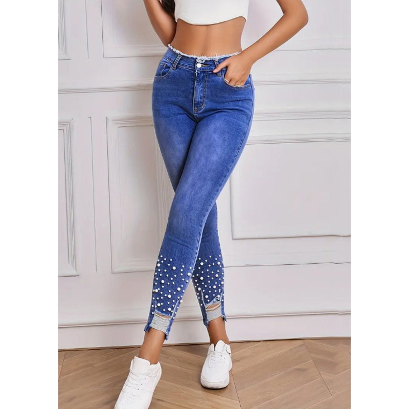 Blue Hole Pockets Denim Summer Pants High Waist