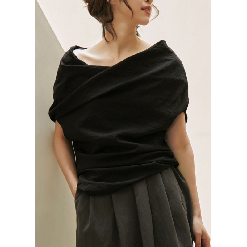 Chic Black Slash Neck Wrinkled Cotton Shirt Summer