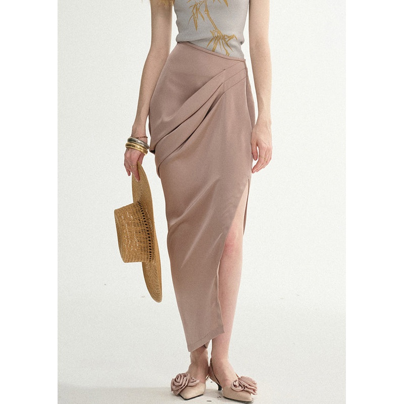 Elegant Lotus Root Starch Wrinkled Side Open Silk Skirts Summer