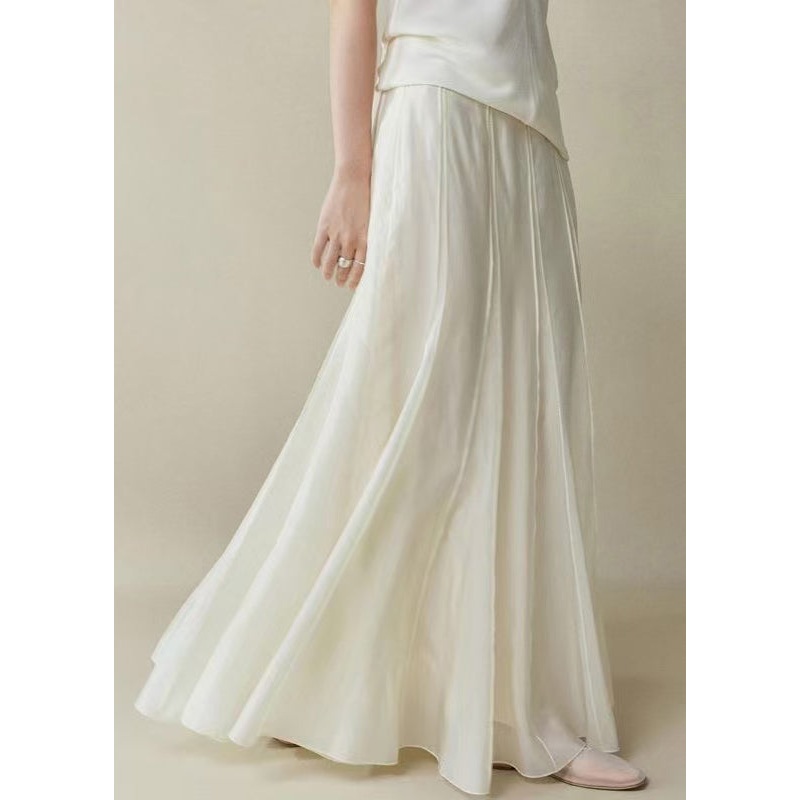 Elegant White Zippered High Waist Silk Cotton Skirts Summer