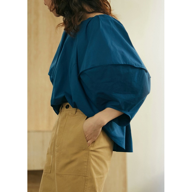 Fashion Blue O Neck Cotton Shirts Lantern Sleeve