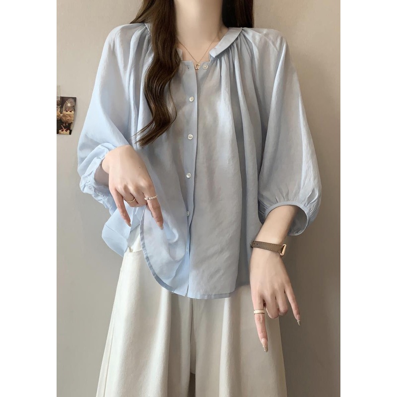 Loose Light Blue Peter Pan Collar Button Chiffon Shirts Bracelet Sleeve