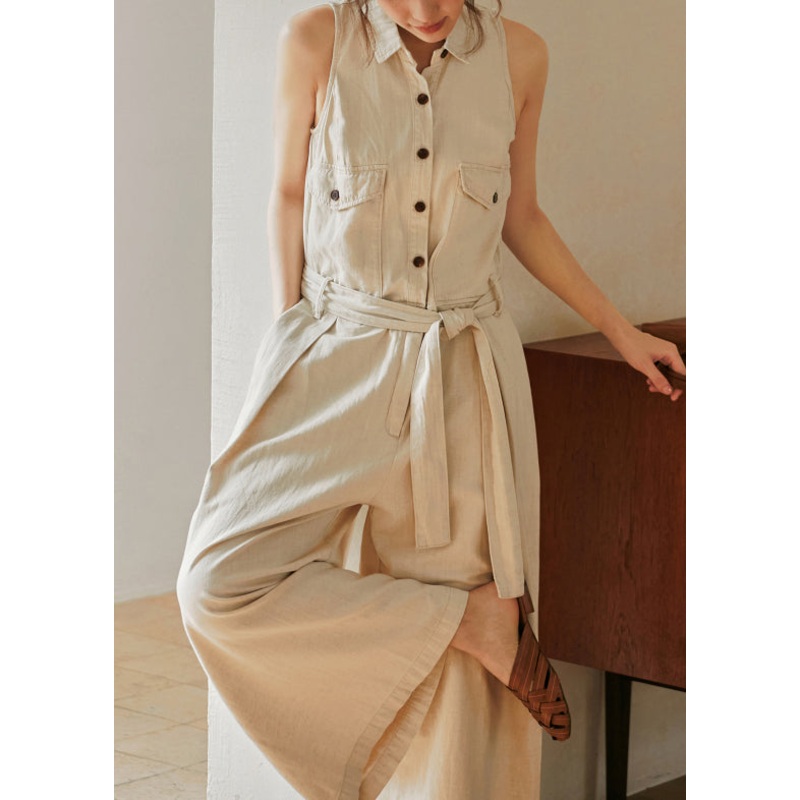 New Beige Peter Pan Collar Button Lace Up Cotton Jumpsuits Sleeveless