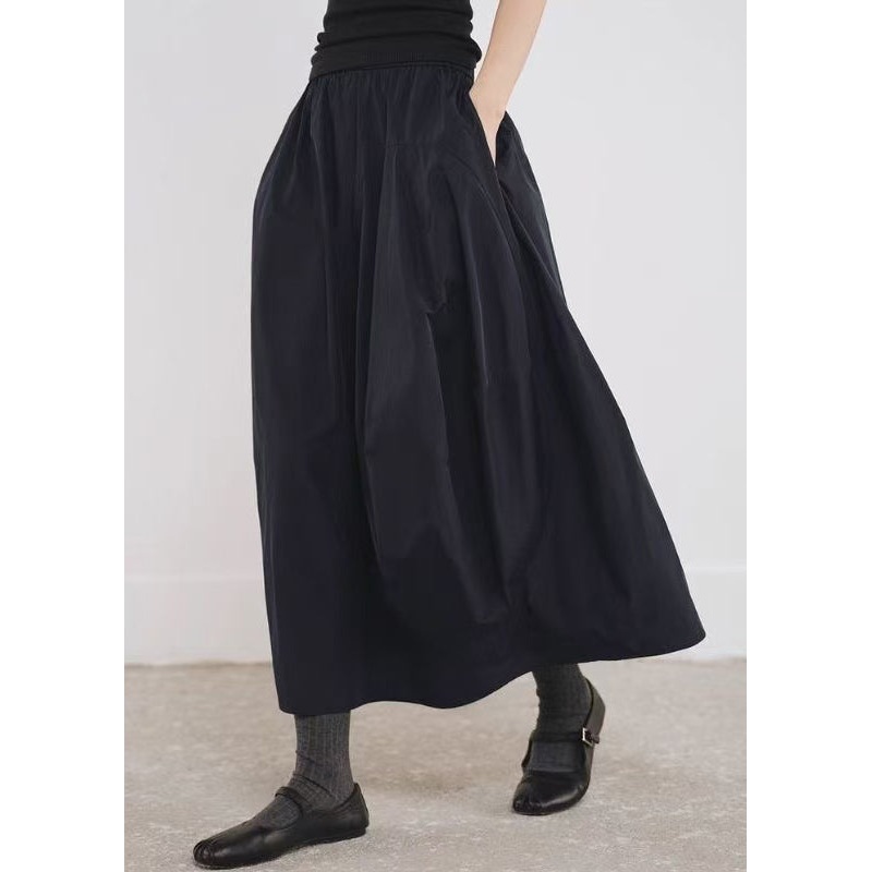 Simple Black Pockets Elastic Waist Cotton A Line Skirts Fall