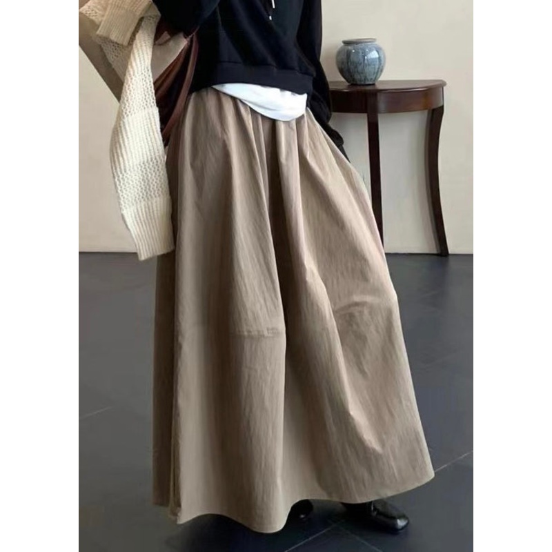 Simple Khaki Pockets Elastic Waist Cotton Skirts Fall