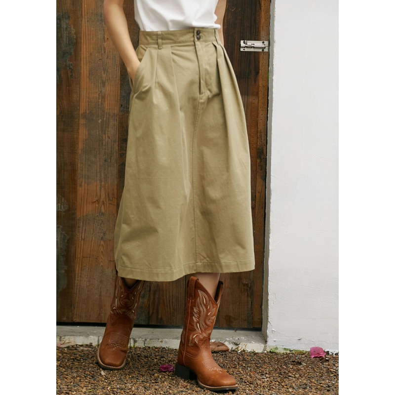 Simple Style Khaki Pockets High Waist Cotton Skirts Summer