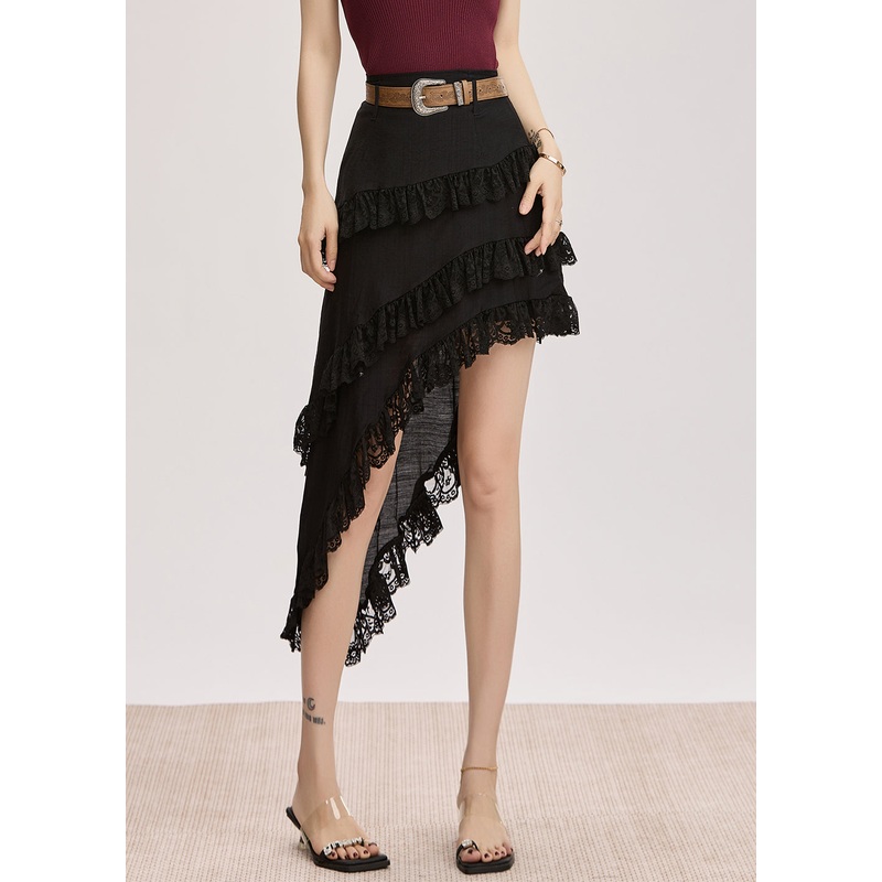 Slim Fit Black Asymmetrical Lace Patchwork Cotton Skirt Summer