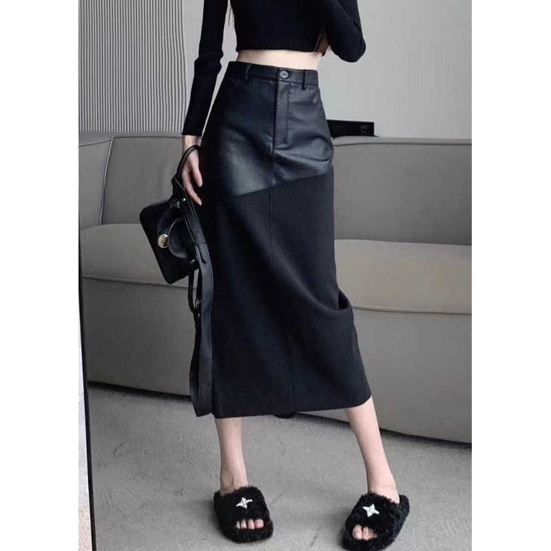 Slim Fit Black Back Side Open Faux Leather Patchwork Skirts Summer