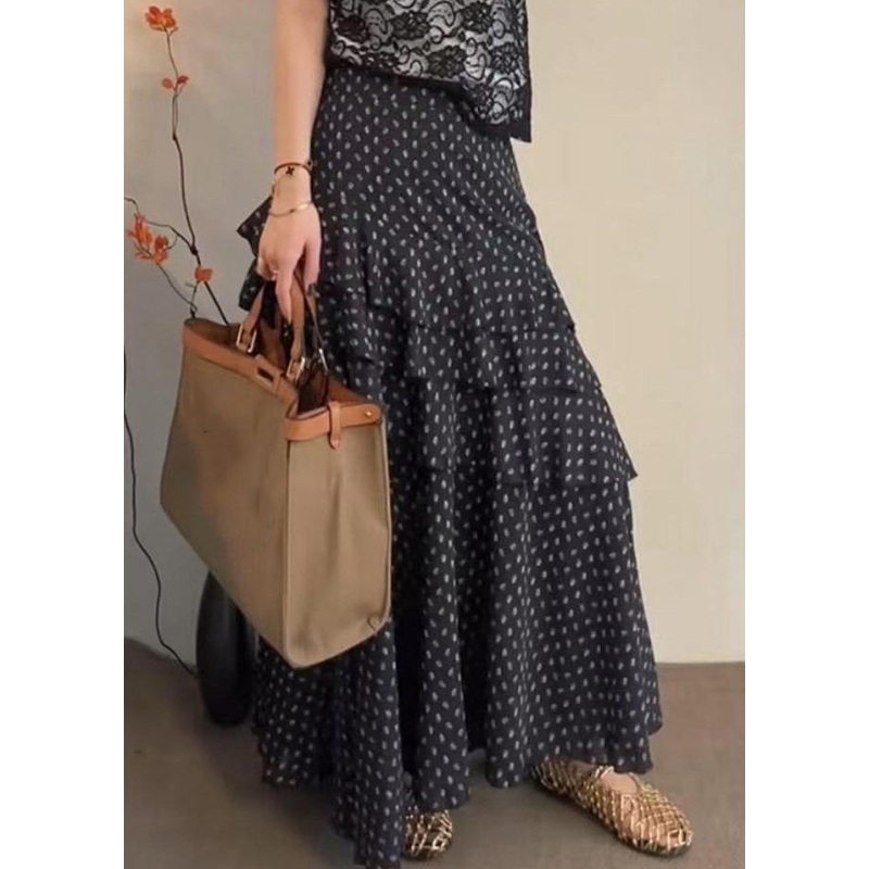Stylish Black Dot Ruffled Chiffon Skirts Summer
