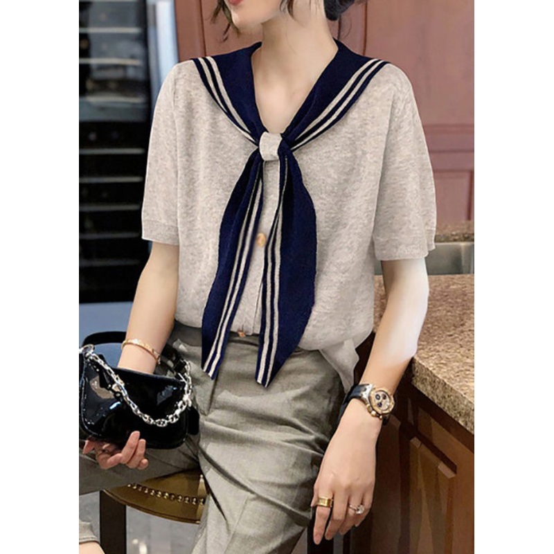 Stylish Grey Sailor Collar Patchwork Cotton T Shirt Summer