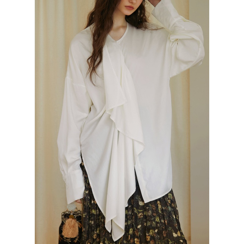 Stylish White Ruffled Asymmetrical Design Cotton Blouses Fall