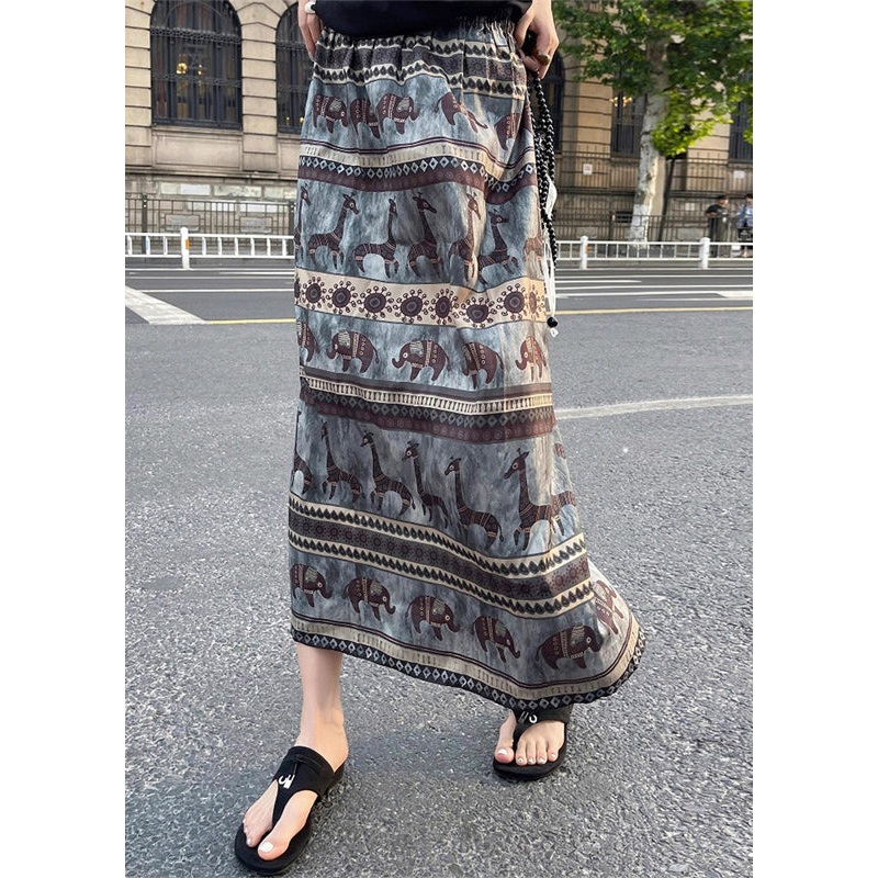 Vintage Print Side Open Elastic Waist Cotton Skirt Summer