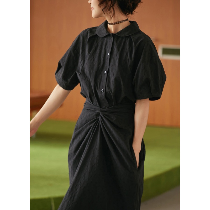 Women Black Peter Pan Collar Lace Up Cotton Dresses Summer