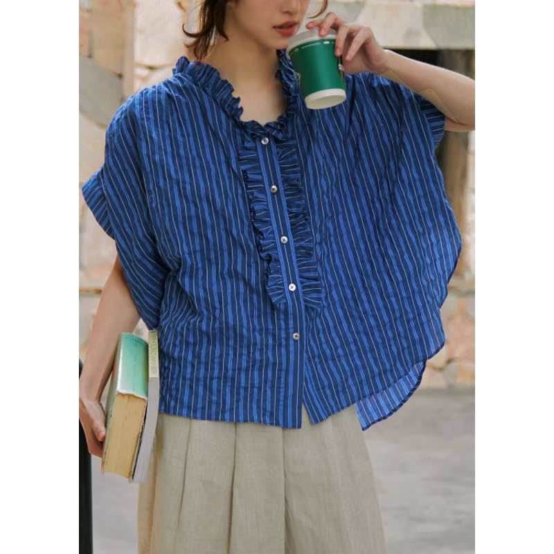 Women Blue Ruffled Striped Cotton Blouse Top Summer