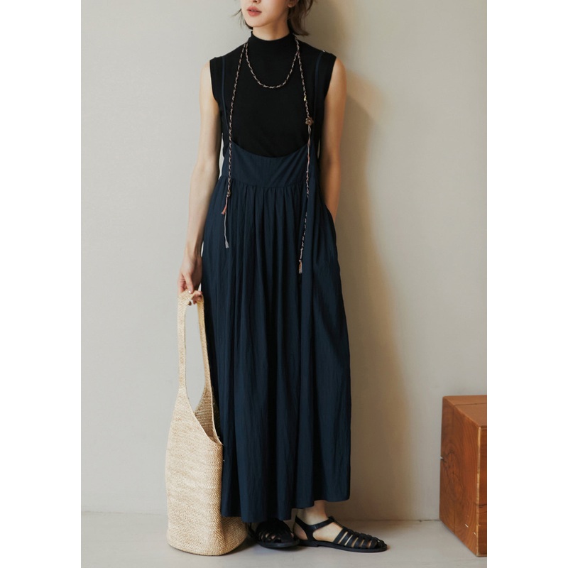 Women Navy Pockets Wrinkled Cotton Spaghetti Strap Dress Summer