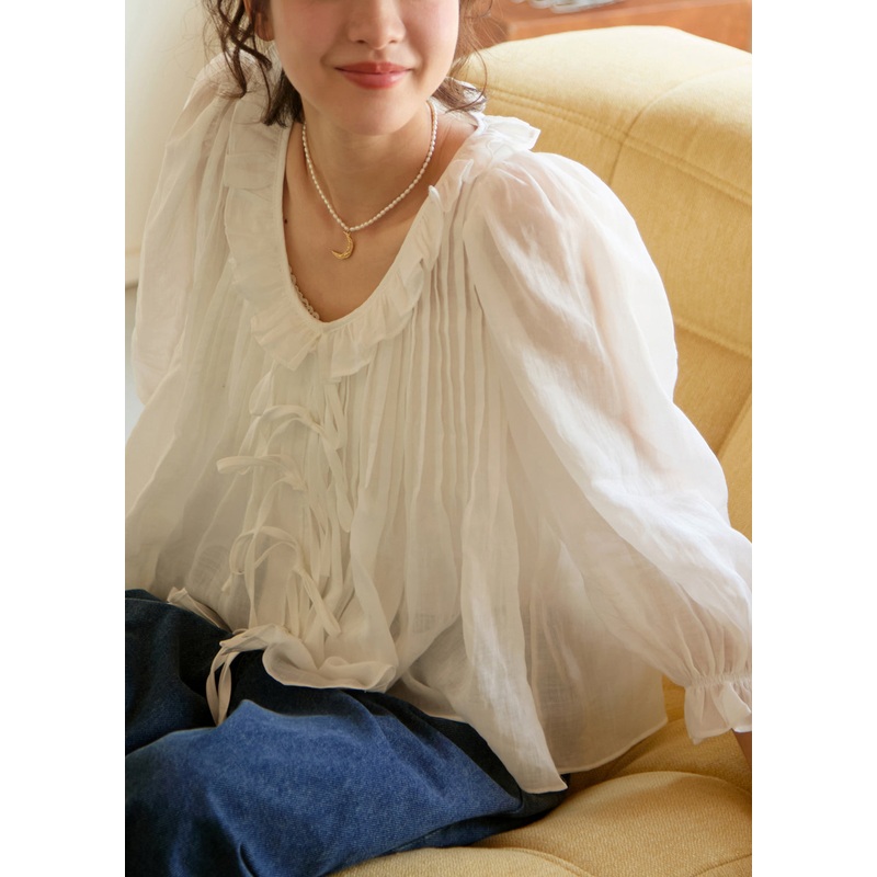 Women White Ruffled Patchwork Linen Shirts Lantern Sleeve