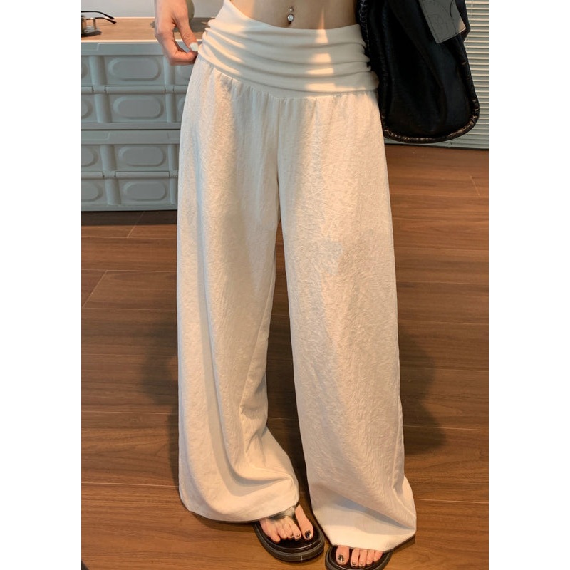 Women White Solid Elastic Waist Linen Pants Fall