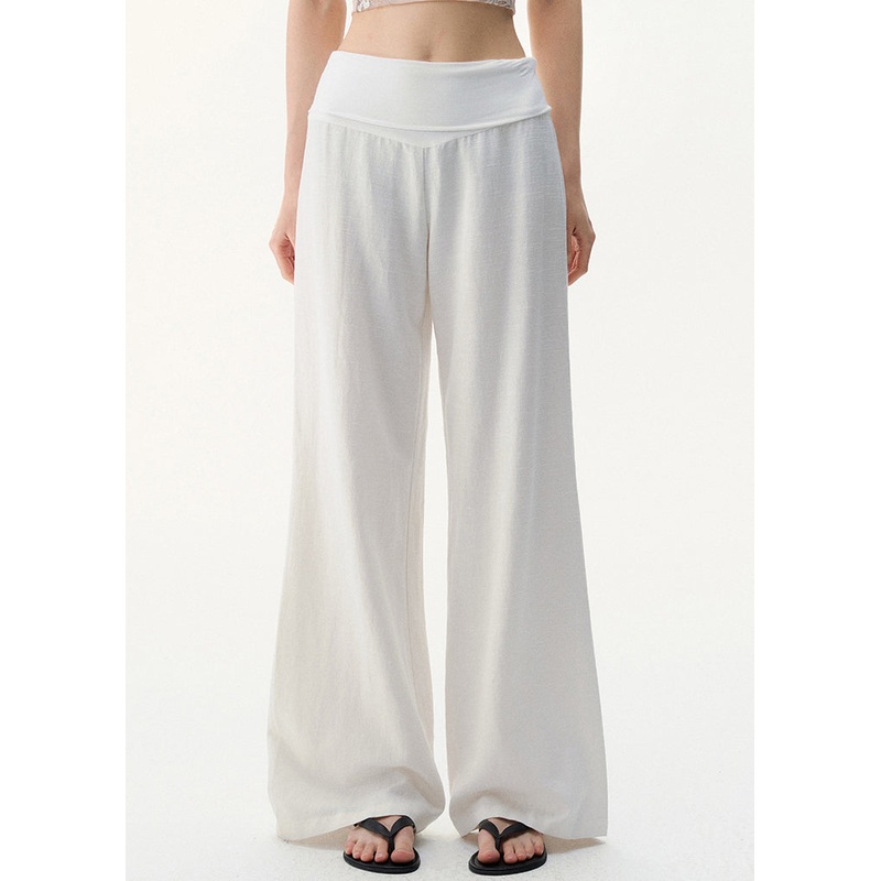 Women White Solid High Waist Linen Pants Summer