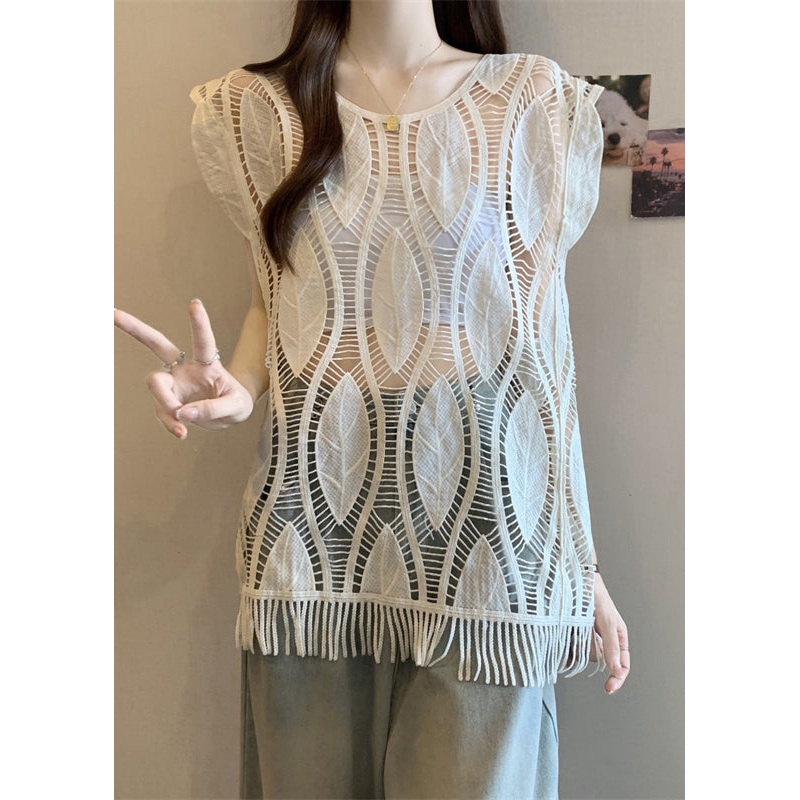 Art Apricot O-Neck Tasseled Hollow Out Cotton Tank Summer
