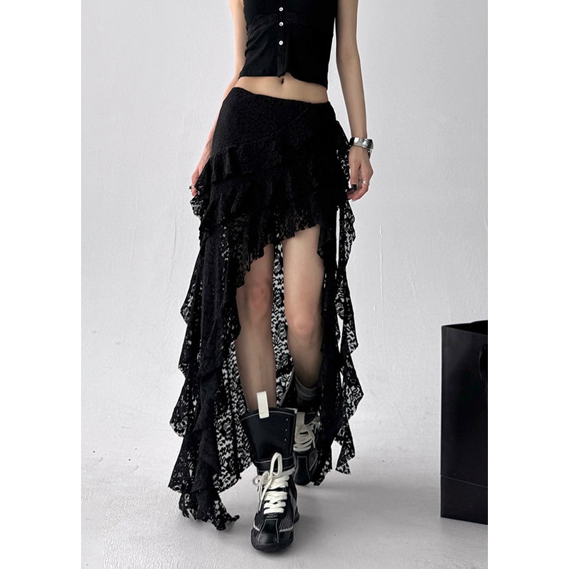 Art Black Asymmetrical High Waist Lace Skirt Summer