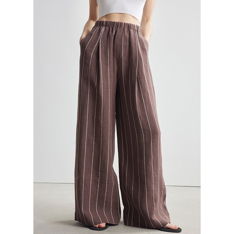 Art Brown Striped Pockets Elastic Waist Linen Pants Fall