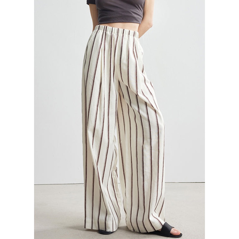 Beige Pockets Elastic Waist Linen Wide Leg Pants Striped