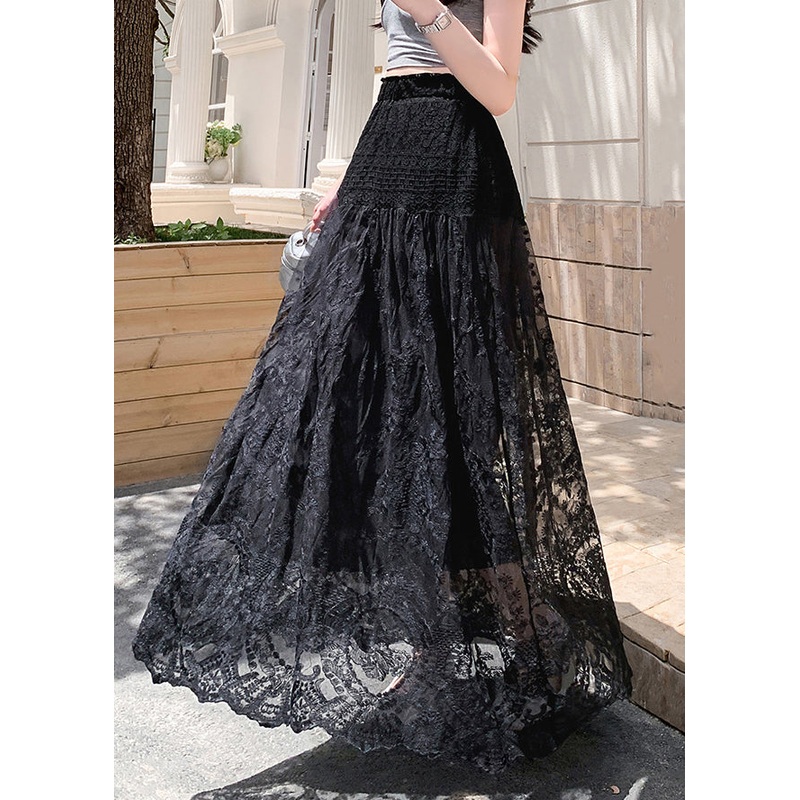 Black Lace Hollow Out Summer Tulle Skirts Elastic Waist